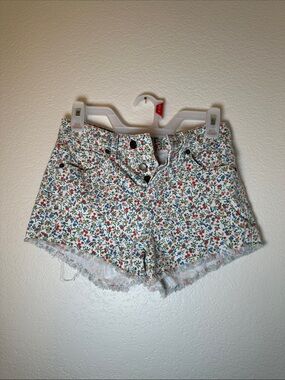 GUESS Floral Print High-Waist Denim Shorts - White Floral